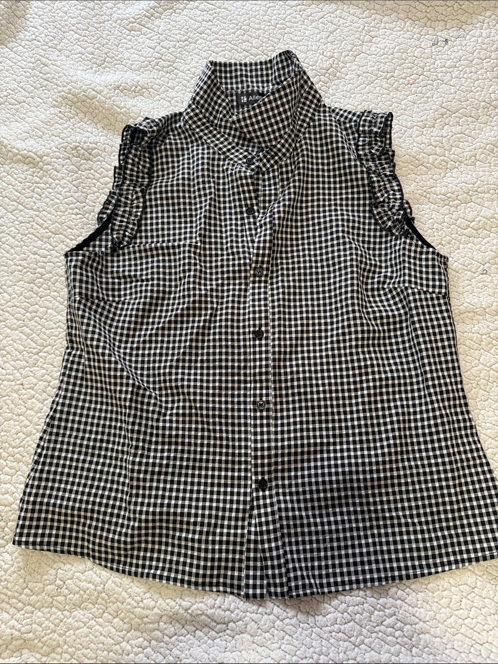 Allegra K Black & White Gingham Ruffle-Sleeve Button Top